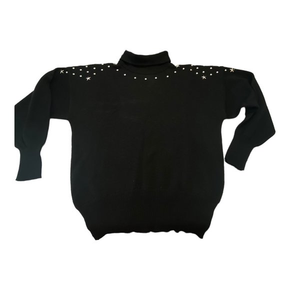Vintage 80's Meister Large Black Wool Blend Silver Star Studded Sweater Turtlnec - Picture 3 of 12